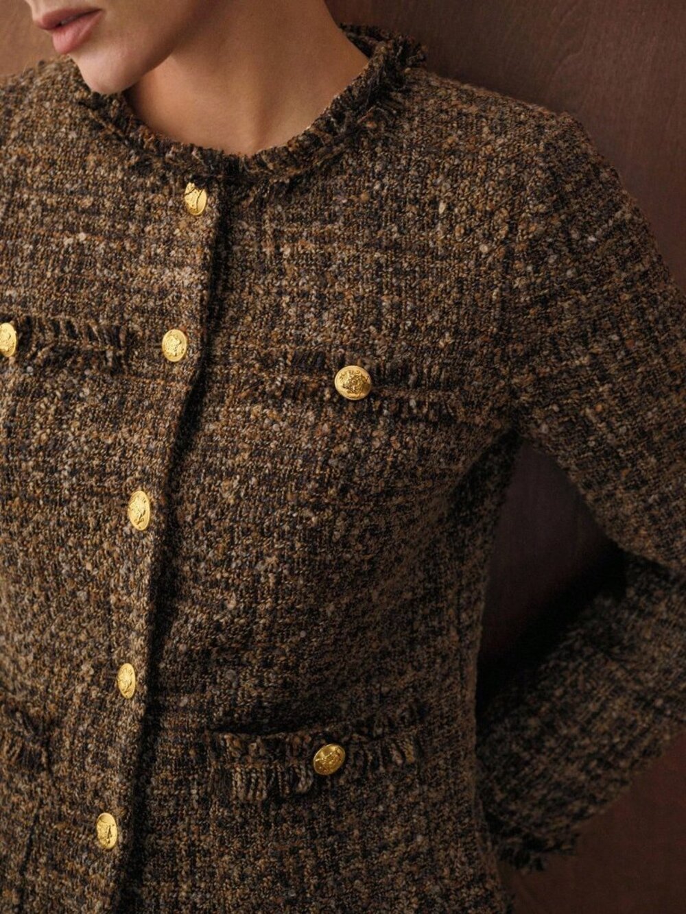 Brown Casual Women's Tweed Button Up Coat - Picture 3 of 7
